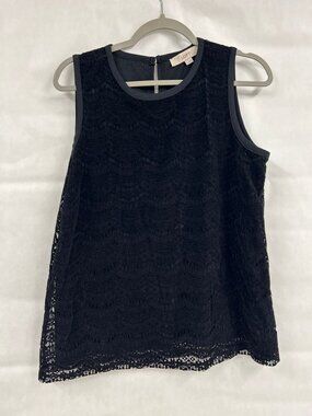LOFT Black Lace Sleeveless Blouse Scalloped Hem Sheer Overlay Tank Top Size M